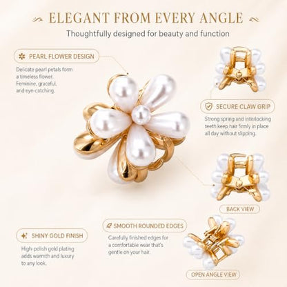 24 Pcs Gold Small Flower Hair Clips for Women Girls, Cute Mini Tiny Little Pearl Decorative Hair Claw Clips, Sparkling Metal Flower Sweet Hair Accessories