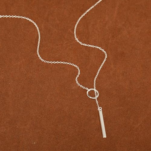 Lariat Necklace for Women, Dainty 14K Gold/Silver Plated Long Necklaces for Women Trendy Simple Layered Y-Shaped Pendant Necklace Adjustable Fashion Jewelry Gift - color: Silver, style: Bar Pendant