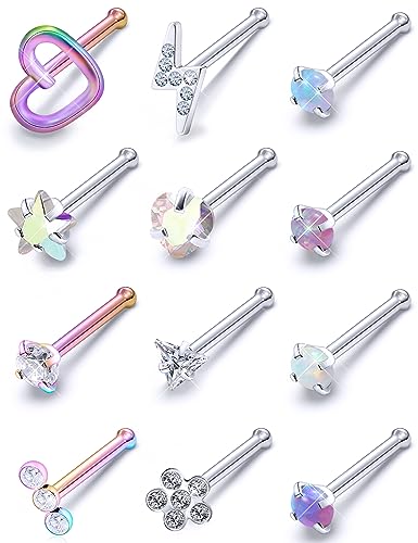 Prjndjw 20G 18G hypoallergenic Nose Rings Studs for Women Men Nose Ring Stud Piercing Jewelry Surgical Steel Opal CZ Corkscrew Straight & L shaped Nose piercing aretes para la nariz - color: Purple Nose Ring 20G straight nose studs
