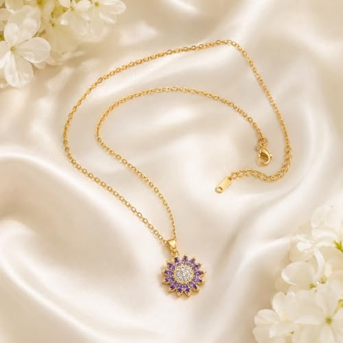 Sunflower Fidget Necklace for Women Gold Moon Necklace Rotating Heart Necklaces Spinning Crystal Flower Anxiety Necklaces Crescent Moons Jewelry Accessories - color: Gold Purple
