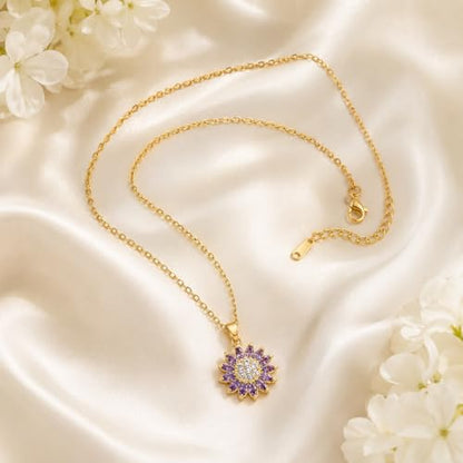 Sunflower Fidget Necklace for Women Gold Moon Necklace Rotating Heart Necklaces Spinning Crystal Flower Anxiety Necklaces Crescent Moons Jewelry Accessories - color: Gold Purple