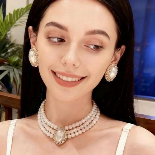 SukAmi Pearl Pendant Necklace Earrings Set 3 Layered White Pearl Jewelry Set Wedding Women Faux Pearl Necklace Multi Strands Choker