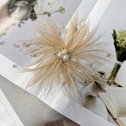 Elegant Feather Flower Pearl Cz Large Brooch Pin for Women Men Rhinestone Crystal Floral Lapel Pins Wedding Party Banquet Dress Suit Clothes Accessories Fashion Jewelry 180mm - color: Khaki