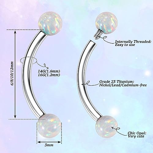 G23 Titanium Eyebrow Piercing Jewelry Eyebrow Rings Curved Barbell 16G Eyebrow Belly Button Ring Navel Rings Rook Daith Earrings Lip Ring Eyebrow Jewelry 6mm-12mm - color: 2PCS,Ball Shape White Opal,Silver