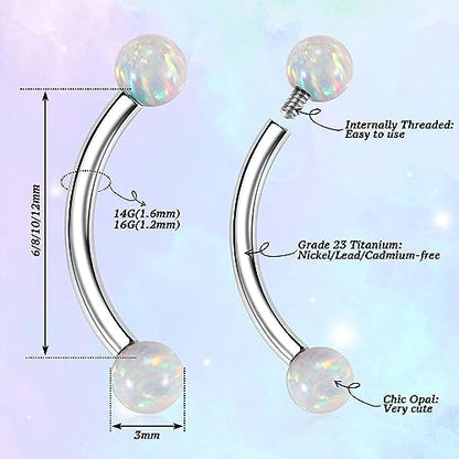 G23 Titanium Eyebrow Piercing Jewelry Eyebrow Rings Curved Barbell 16G Eyebrow Belly Button Ring Navel Rings Rook Daith Earrings Lip Ring Eyebrow Jewelry 6mm-12mm - color: 2PCS,Ball Shape White Opal,Silver