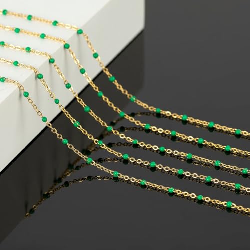 KYUNHOO Gold Plated Jewelry Chain Roll Stainless Steel Cable Chain Links | 16.4 Feet Green Rosary Bead Chains with Jewelry Findings for Necklace Bracelet Making - color: Gold-Green-2mm