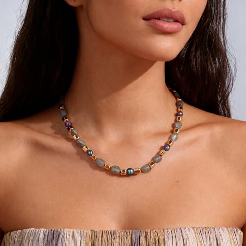 Boho Colorful Chunky Statement Beaded Necklaces for Women,Handmade Women's Fashion Gemstone Bead Choker Necklace,Western Natural Stone Strand Necklace Bib Collar Jewelry Unique Gifts for Women - color: 07-Grey