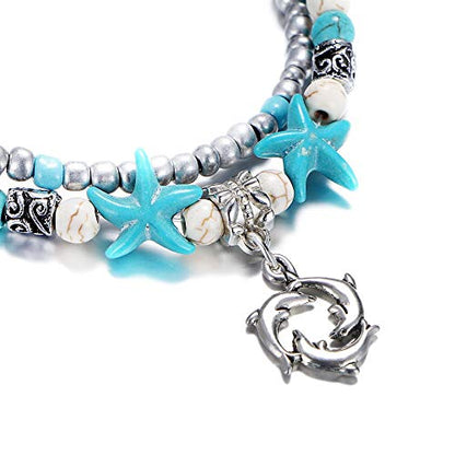 Softones Blue Starfish Turtle Anklet Multilayer Charm Beads Sea Handmade Boho Anklet Foot Jewelry for Women - style: H:4pcs Animal Anklets