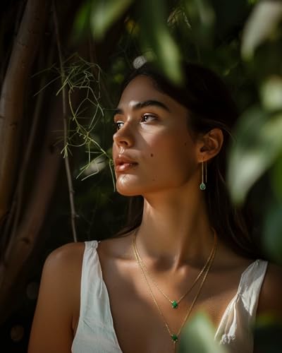 SNGIA Long 18K Gold Plated Blue Green Red Layered Pendant Necklace For Women (Emerald, Ruby, Seafoam, Sky, Sapphire, Pink), Dainty Birthstone Necklace, Statement Necklace Jewelry Gifts. - style: Emerald