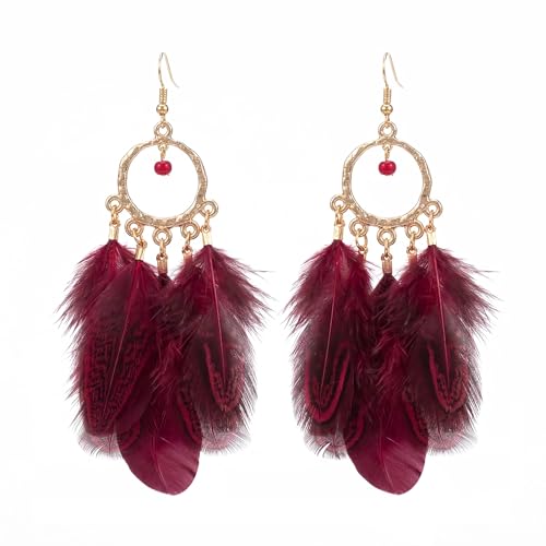 Vibrant Red Feather Drop Earrings for Women Vintage Hoop | Lightweight retro accessories complementing summer vacation outfits