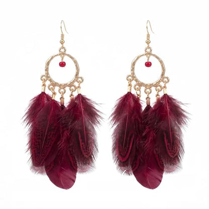Vibrant Red Feather Drop Earrings for Women Vintage Hoop | Lightweight retro accessories complementing summer vacation outfits