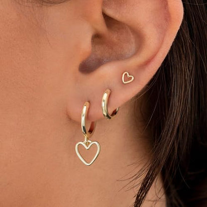 3 Pairs Earring Stacks, Gold Earring Set Jewelry Gift for Women | Small, 14K Gold/White Gold/Black/Rose Gold Plated, Hypoallergenic, Her, Everday, Stackable, Simple, 3 Holes - color: Gold-Open Heart