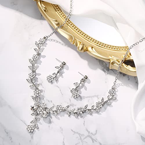 Women's Wedding Jewelry Set for Bride,Prom Bridal Accessories | Bling Crystal,Flower Leaf Cluster,Dangle Earrings Pendant Necklace Set,for Bridesmaid,Party Jewellery - color: 01-Clear Silver-Tone