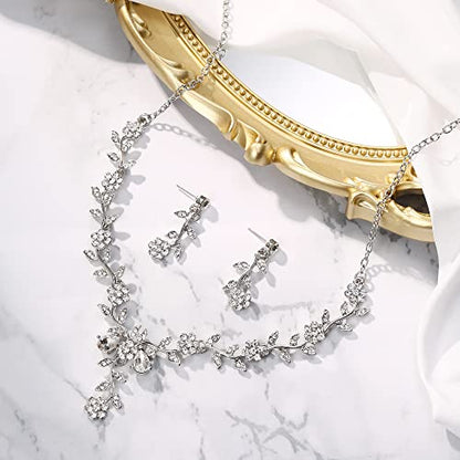 Women's Wedding Jewelry Set for Bride,Prom Bridal Accessories | Bling Crystal,Flower Leaf Cluster,Dangle Earrings Pendant Necklace Set,for Bridesmaid,Party Jewellery - color: 01-Clear Silver-Tone