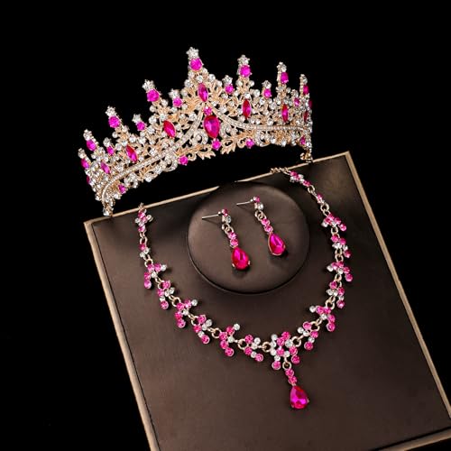 Crystal Crown and Tiara Jewelry Set for Women Bride with Necklace Earrings | Metal Rhinestone Royal Queen Princess Jewelry Set Wedding Quinceanera Pageant Prom Birthday Halloween Party Costume Gift - color: Style E-Hot Pink