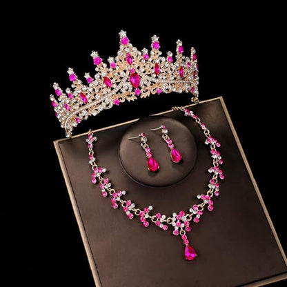 Crystal Crown and Tiara Jewelry Set for Women Bride with Necklace Earrings | Metal Rhinestone Royal Queen Princess Jewelry Set Wedding Quinceanera Pageant Prom Birthday Halloween Party Costume Gift - color: Style E-Hot Pink