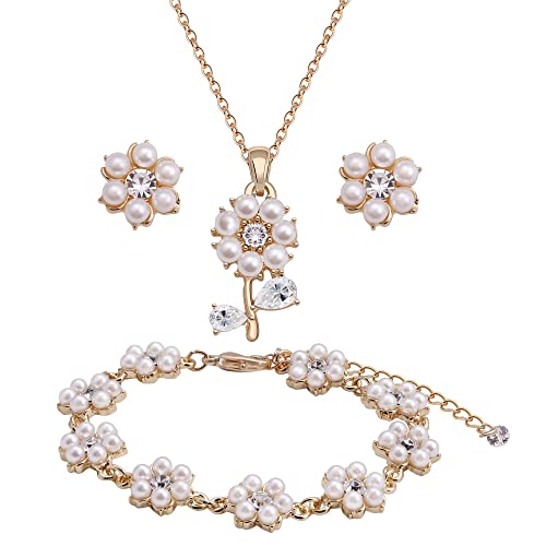 Bridesmaid Jewelry Set for Wedding, 18K Gold or Rose Gold or Silver Plated Flower Pendant with Simulate Pearl Necklace Earring Bracelet Set for Women Gift - color: 18K GOLD - 1 SET