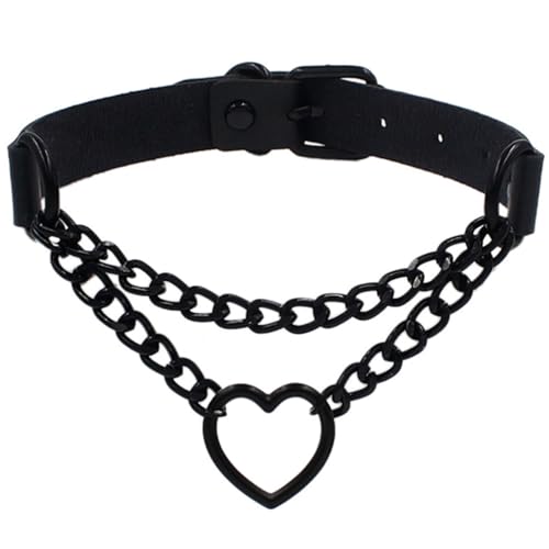 Love Heart Choker Collar Necklace, Adjustable Leather Punk PU Necklace Goth Choker Soft Collar Chain for Women - color: Black