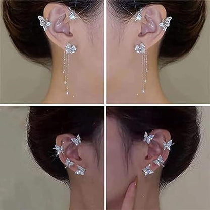 2 Pairs Dainty Silver Butterfly Ear Cuffs & Wraps for Women Non Piercing Bling Butterfly Tassel Style Zircon Earrings Ear Clips Bridal Wedding Jewelry - color: Silver
