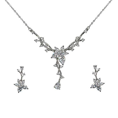Faship Gorgeous CZ Crystal Floral Necklace Earrings Set - color: Clear