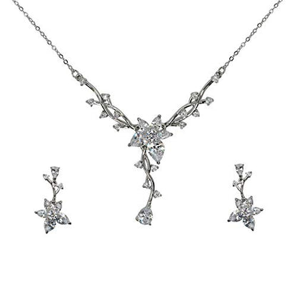 Faship Gorgeous CZ Crystal Floral Necklace Earrings Set - color: Clear