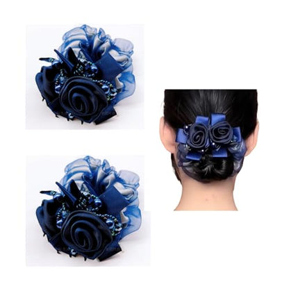 Satin Hair Scrunchie with Rose Flower, Brown and Gold, Pearl Beads, Ribbon Bow, Hair Tie Accessory, 9cm (bule) - color: bule