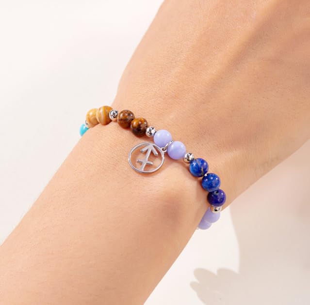 XAM 12 Zodiac Stone Beaded Bracelet - Natural Gemstone & Stainless Steel Charm Constellation Jewelry - color: B