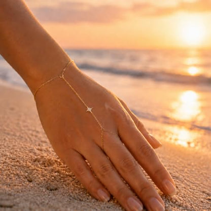 925 Sterling Silver Hand Chain Bracelet for Women | 14k Gold Plated CZ Crystal Heart Starburst Ring Bracelets Hand Chain Diamond Layered Stackable Link Chain Beach Jewelry Gifts - color: GoldA