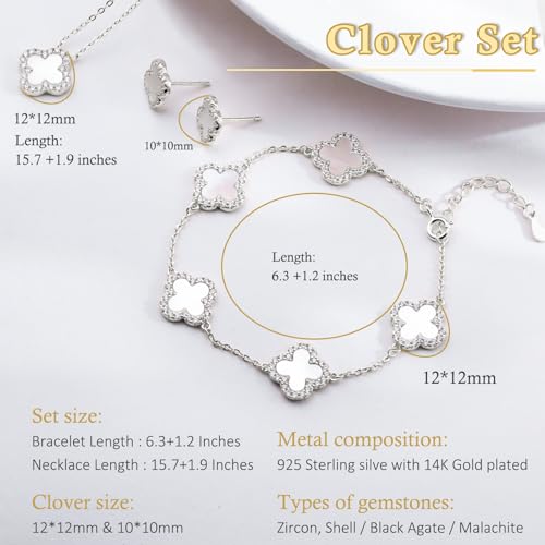 925 Sterling Silver Four Leaf Clover Bracelet – Real Silver Lucky Clover Jewelry for Women, Dainty Good Luck Gift for Her - color: Rhodium Plated – Mother-of-Pearl Set