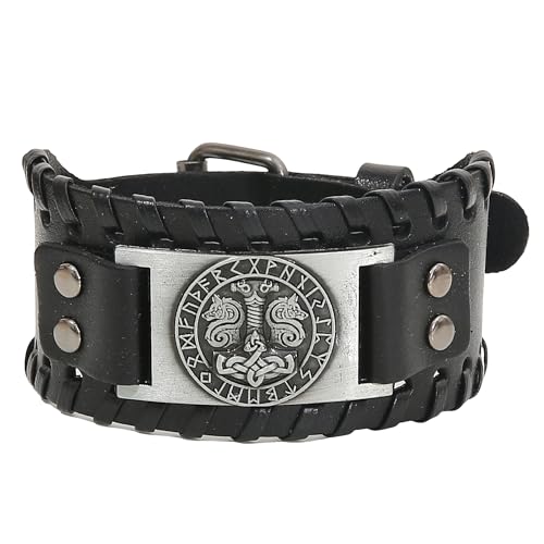 GelConnie Viking Bracelet Punk Leather Cuff Bracelet Gothic Leather Wristband Bracelet with Nordic Amulet Scandinavian Talisman Celtic Pagan Jewelry - color: MLPB082-Silver