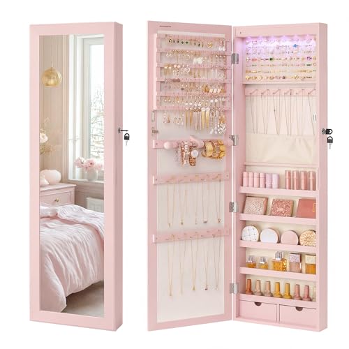 SONGMICS 6 LEDs Mirror Jewelry Cabinet, 47.2-Inch Tall Lockable Wall or Door Mounted Jewelry Armoire Organizer with Mirror, 2 Drawers, 3.9 x 14.6 x 47.2 Inches, Jelly Pink UJJC093SA02S - color: Jelly Pink, size: 47.2"H