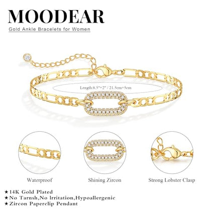 Moodear Gold Ankle Bracelets for Women Waterproof,14K Gold Plated Anklets | Waterproof, Non Tarnish Cuban Link Anklets, Trendy Jewelry Accessories for Summer Vacation, Beach Gifts for Women - style: Figaro CZ Paperclip