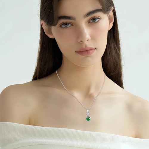 Infinity Teardrop Necklace Silver Tone Pendant Birthstone Jewelry for Women - color: Emerald Green