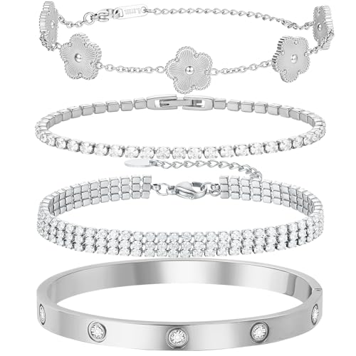 18 K Gold Plated Love Bangle Bracelet Stack for Women,Set of 4 Floral Clover Chain, Tennis Crystal &Gold Stackable Bangle Bracelet -Adjustable Layered Jewelry Gift for Wife Valentines Mother's Day-MVCOLEDY - color: Silvery Flower CZ