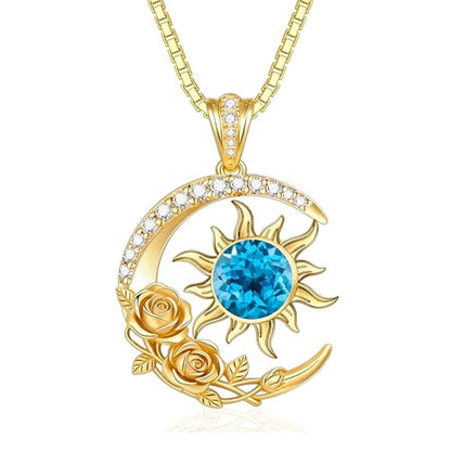 Midari 18K Yellow Gold Sun Moon Star Pendant Rose Flower Necklaces I Love You Forever Sun Moon Jewelry Gift for Mother Women - color: 12-Dec-Topaz, style: Sun&Moon