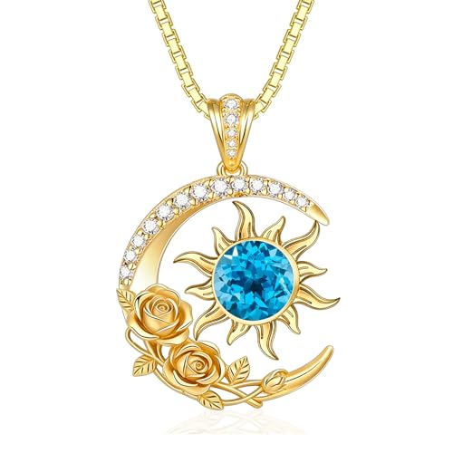 Midari 18K Yellow Gold Sun Moon Star Pendant Rose Flower Necklaces I Love You Forever Sun Moon Jewelry Gift for Mother Women - color: 12-Dec-Topaz, style: Sun&Moon
