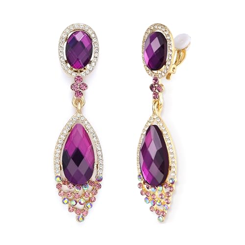 BriLove Women's Wedding Bridal Infinity Figure 8 Crystal Teardrop Chandelier Dangle Clip-On Earrings - color: Amethyst Color Gold-Tone