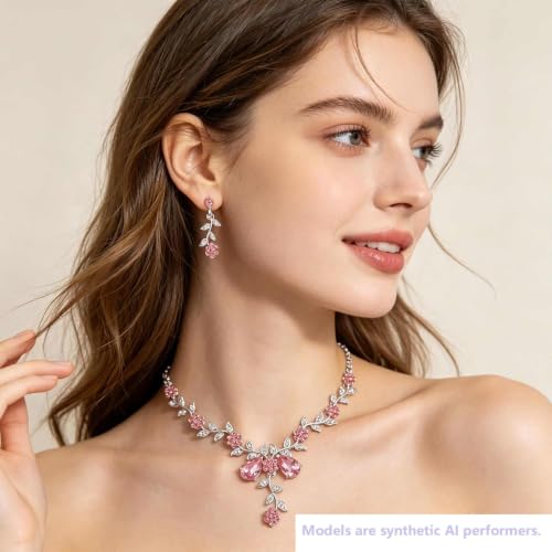 Kamirola Women's Wedding Jewelry Leaf Cluster Flower Crystal Dangle Earrings Pendant Necklace Set for BridalCrystal Bridal Jewelry Set - color: Silver Pink