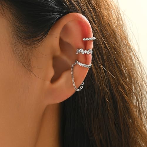 3Pcs Ear Cuffs Non Piercings for Women, Trendy Cubic Zirconia Gold Silver Clip On Cuff Earrings Set Jewelry Dainty Fake Cartilage Earring - color: Silver Chain2