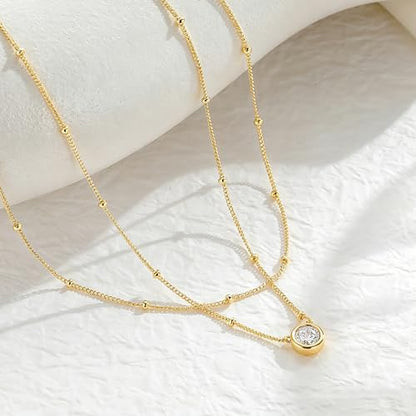 Yoosteel Layered 14K-Gold-Plated Necklace for Women,CZ Necklaces Stack | Dainty Cubic Zirconia Pendant Necklace,Simple Chain Choker Stackable,Trendy Jewelry,Wedding Bridesmaid Gifts - color: Layered Bezel Round CZ