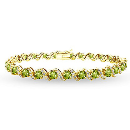 B. BRILLIANT Sterling Silver Genuine, Created or Simulated Gemstone Round S Design Tennis Bracelet for Women - color: Peridot - Gold Flash