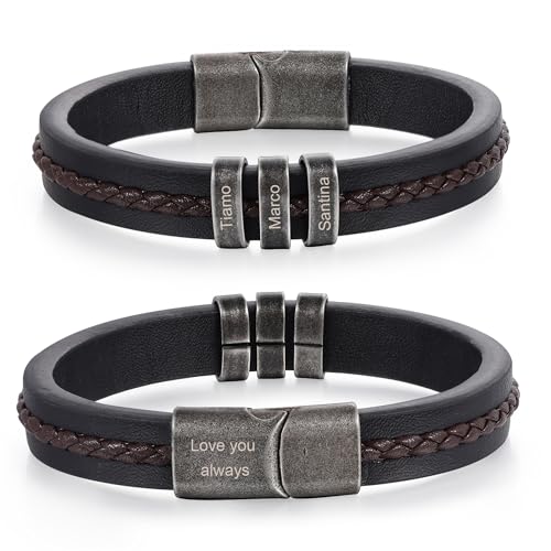 Personalized Bracelet for Men, Engraved Name Bead Braided Leather Bracelet for Dad Husband Grandpa Son, Custom Stainless Steel Men's Bracelet - color: 3 names