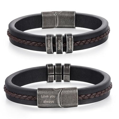 Personalized Bracelet for Men, Engraved Name Bead Braided Leather Bracelet for Dad Husband Grandpa Son, Custom Stainless Steel Men's Bracelet - color: 3 names