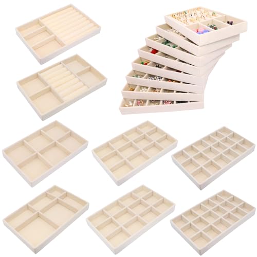 8Pack Jewelry Drawer Organizer Tray Velvet Jewellry Tray Stackable Jewel Storage Case for Earring Necklace Rings Bracelet Watch - color: Beige, size: 8 Pack