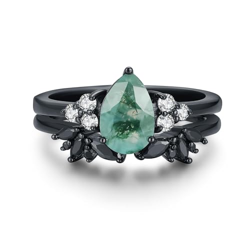 Moss Agate Bridal Wedding Rings Set for Women 925 Sterling Silver | Plated Platinum/Black Gold, Gothic, Vintage, Engagement Promise Ring, Anniversary Valentine Day Birthday Gift for Her - style: Black Gold Plating Open Ring