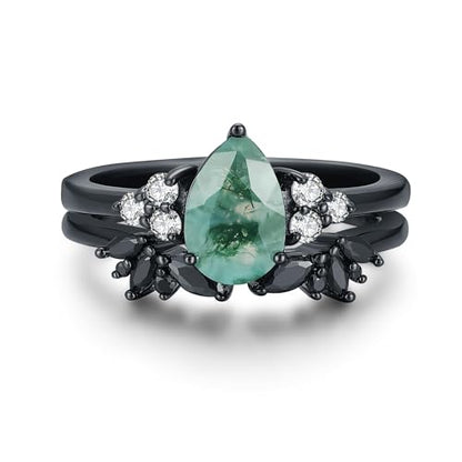 Moss Agate Bridal Wedding Rings Set for Women 925 Sterling Silver | Plated Platinum/Black Gold, Gothic, Vintage, Engagement Promise Ring, Anniversary Valentine Day Birthday Gift for Her - style: Black Gold Plating Open Ring