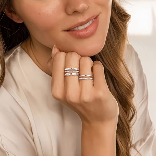 Turandoss Gold Stackable Rings Set for Women Non Tarnish | 14K Gold Plated, Trendy CZ Stackable Engagement Rings Stack, Thin Thumb Wedding Bands Ring Set, Size 6 7 8 9, 5PCS - color: Silver-Plated