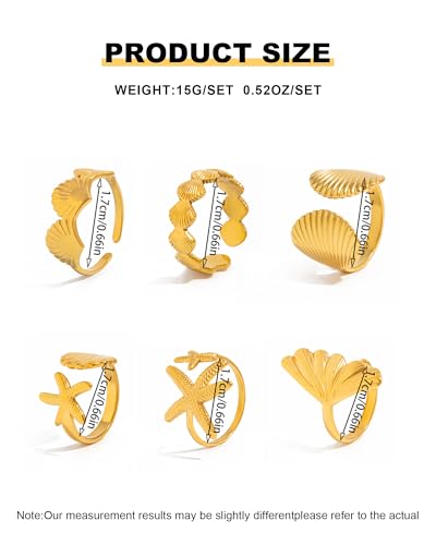Chunky Gold Shell Starfish Ring Set for Women Trendy Gold Flower Scallop Seashell Starfish Gemstone Rings Adjustable Stacking Statement R-ings Non Tarnish Spring Summer Jewelry Accessories - color: A5:6 pcs