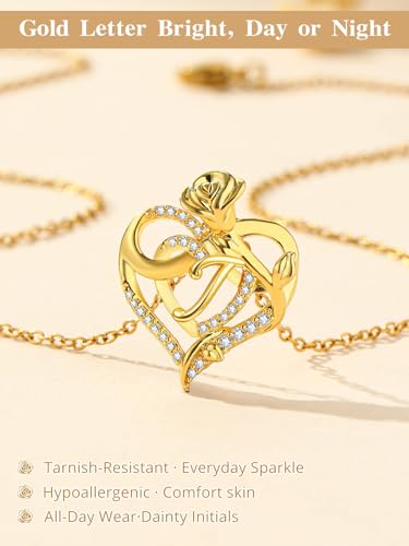 14k Gold Heart Initial Necklaces for Women, Dainty Letter Pendant Chain Necklace, Letter A to Z Initial Jewelry, Anniversary Birthday Gifts for Her Wife Mom Daughter - style: Letter J