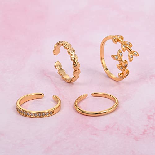 JFORYOU Toe Rings for Women Adjustable Open Toe Rings with Anklet Set CZ Flower Toes Ring for Summer Beach Foot Jewelry - color: 4pcs-gold toe rings